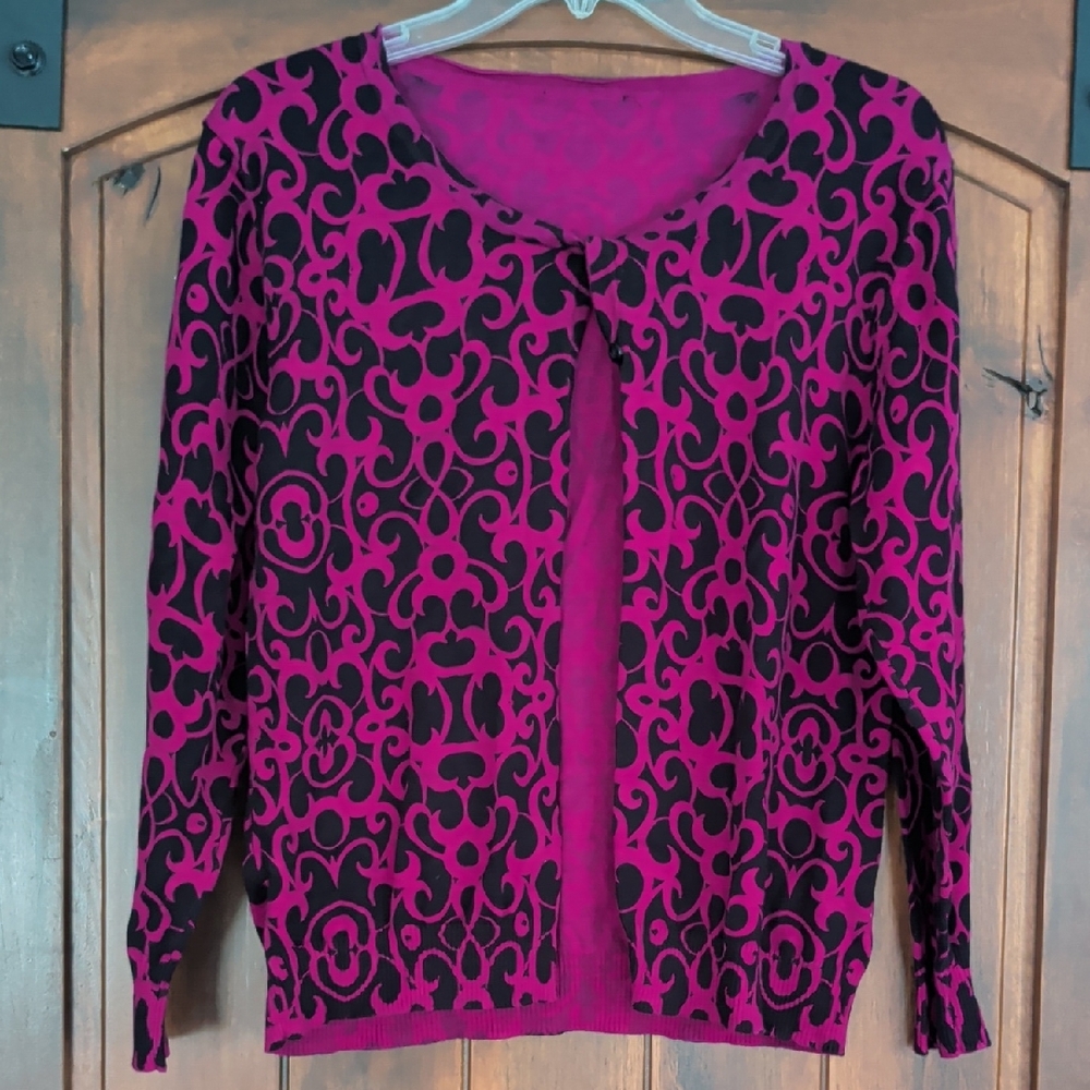 Fuchsia and Black Patterned Women's Cardigan Sweater